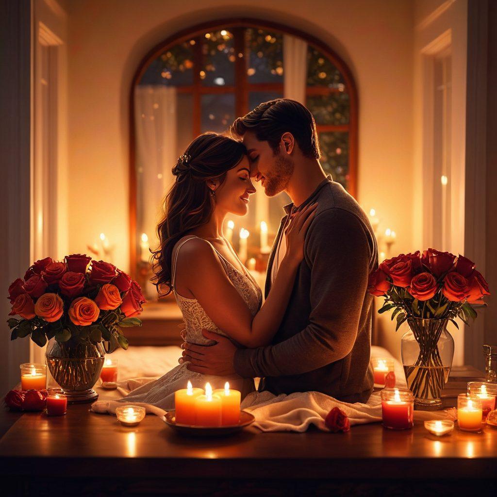 A warm, cozy setting featuring a couple sharing an intimate moment, surrounded by soft candlelight and romantic decor. The scene captures the essence of love with subtle heart shapes in the background, and vibrant roses in a vase. Emphasize tender gestures, such as holding hands or a gentle kiss, conveying deep connection and affection. Create a dreamy atmosphere with glowing lights, showcasing a feeling of warmth and intimacy. super-realistic. vibrant colors. romantic ambiance.