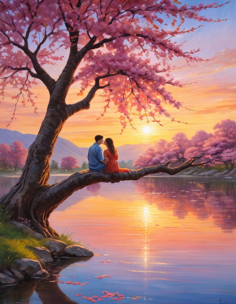 A couple joyfully sharing a moment under a blooming cherry blossom tree, surrounded by soft, glowing light that symbolizes passion and connection. The backdrop features a serene lake reflecting the colorful sunset sky, enhancing the warmth of their bond. Include hearts subtly floating around them to represent love. romantic painting. vibrant colors. soft focus.