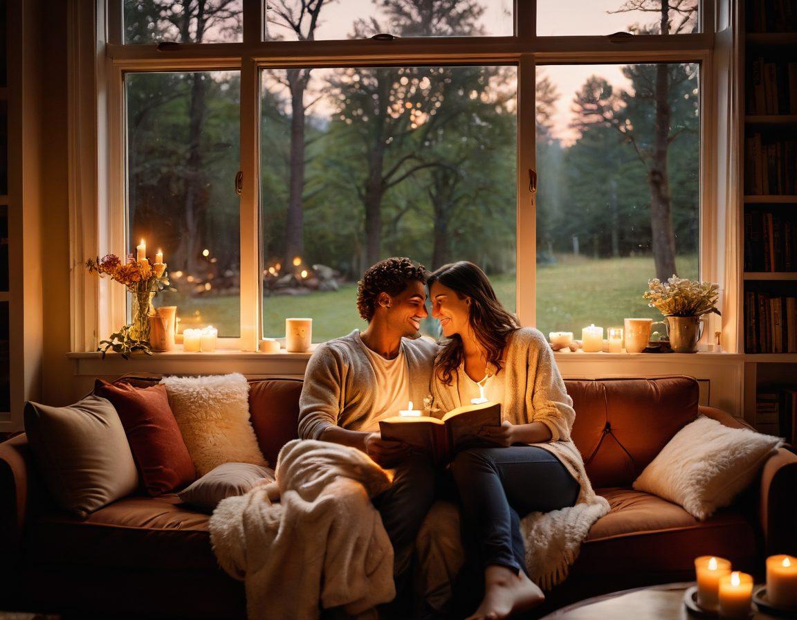 A cozy scene depicting a couple sitting close together on a soft couch, sharing a warm moment with laughter and a steaming cup of tea. Subtle elements like candles and soft lighting create an intimate atmosphere, while nature is visible through a window. The background features a bookshelf filled with love-related literature, enhancing the theme of bonding. soft focus, warm colors, romantic vibe.